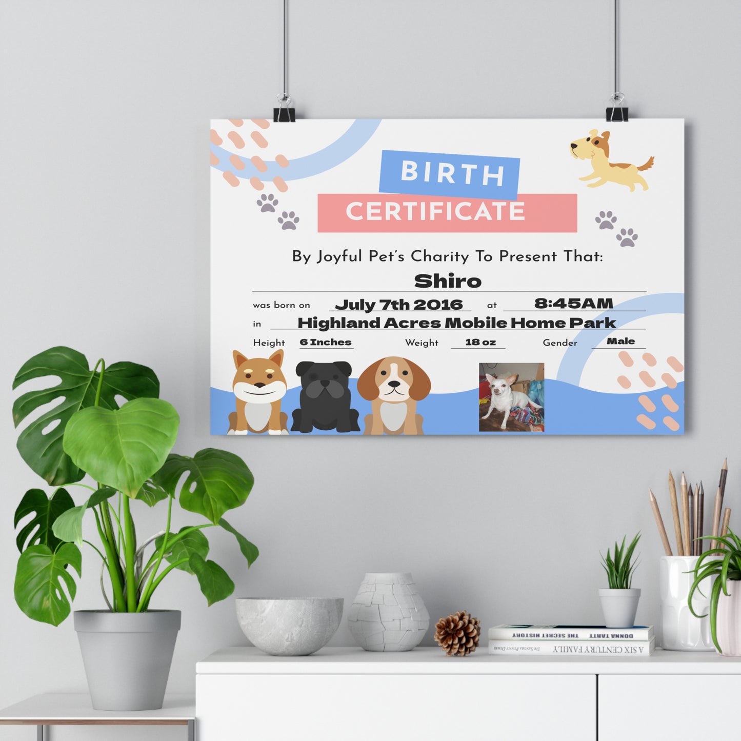 🐾 Custom Pet Birth Certificate Art Print – Personalized Keepsake for Your Furry Friend’s Special Day! 🎉